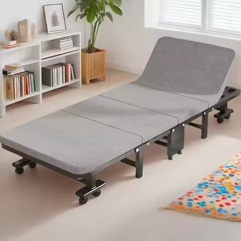 Single Movable Adjustable Folding Metal Bed with Mattress Wheels Office Hostel Folding Bed for Lunch