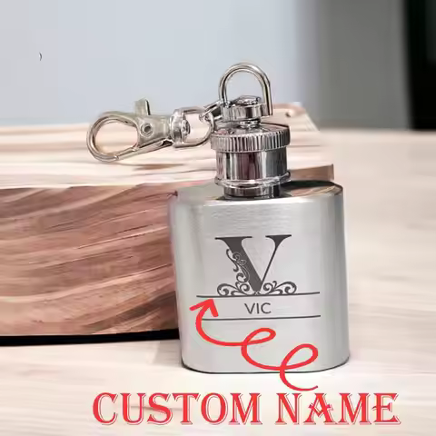 Personalized steel silver hip flask, keychain flask, custom engraved spirits & whiskey flask, engrav
