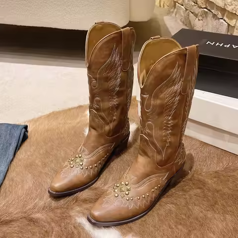 Bottes De Cowboy Occidentales En Cuir Vintage Pour Enfants, Talon Moyen, Bottes De Cavalerie Minces,