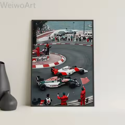 Senna in Monaco F1 Poster Vintage Formula 1 Race Car Art Prints Race Track Canvas Painting F1 Photog