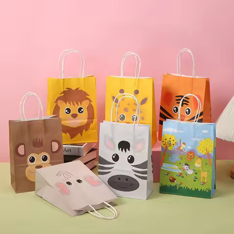 7pcs Cute Cartoon Zoo Animals Jungle Animal Gift Bag Party Favor Paper Tote Bags Kids Birthday Party