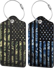 2P Blue Green United States Unique American USA Flag Luggage Tags Privacy Cover ID Label with Stainless Steel Loop and Address Card for Travel Bag Suitcase Funny Cute Man Women Kids
