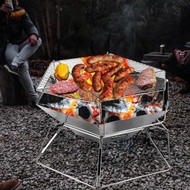 便攜式不銹鋼木炭烤架，大型六角形可折疊露營火坑燒烤燒烤爐帶有攜帶袋，用於戶外烹飪露營露台後院和篝火