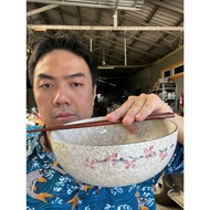 Ceramic Bowl With Red Wooden Chopsticks Cafe Japanese Style Size 7 Inches Snow White Sakura Pattern 