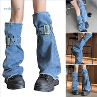 Women Washed Jeans Blue Leg Warmer Buckled Strap Grunge Baggy Flared Boot Covers