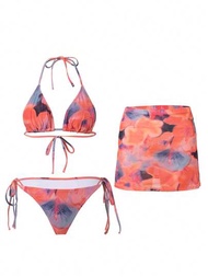 Conjunto De Traje De Baño De Bikini Con Tirantes Y Cuello Halter Con Estampado Floral Para Mujer Con Falda Superior, Inferior Y Cubierta Separadas