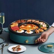 香港三腳插頭， 農曆新年，家庭聚會，大號， 韓式火鍋燒烤一體鍋 韓式烤盤涮烤煎煮兩用鍋烤肉爐 【雙按鈕獨立控溫/抽屜式接油盒/多用途火鍋燒烤爐】火煱爐，燒烤爐