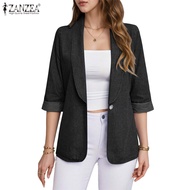 ZANZEA Women's Vintage Style Business Blazer with Mid Sleeve Buttons