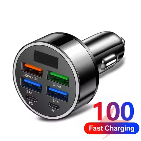 PD QC3.0 6 In 1 Car Digital Display Fast Charger 4 USB+2 Type-C Multi-Port Phone Charging Head For i