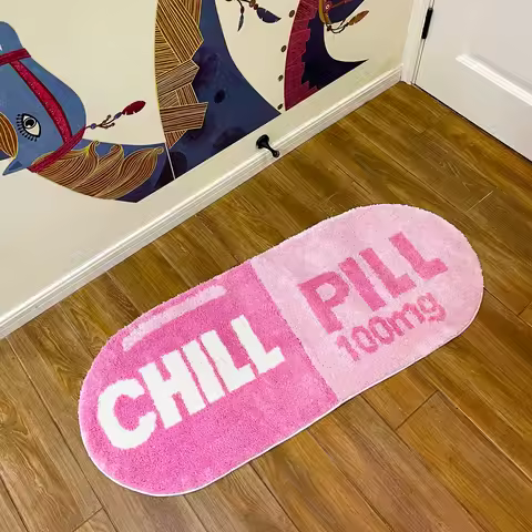 Pink and Blue Chill Pill Flocking Rug Oval Tufted Rug Bath Mat Door Floor Mat Home Decor Carpet Camp
