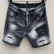 Denim Shorts Jeans Middle Pants Men Summer D089 D2 Cropped Trendy Washed Frayed Patch Paint Slim-Fit