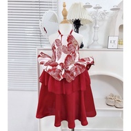 N02 Set áo yếm kim sa hoa bản to chân váy đỏ dáng dài cho bé gái mặc trung thu