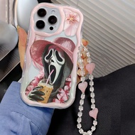 สายคล้องคอลายหน้ากากผี ถ้วยเคลือบสีมือทำ กำไลลูกปัดป้องกันโทรศัพท์ ใช้ได้กับ iPhone 15, 15 Pro Max,