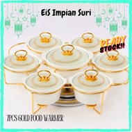 EIS Queens Porcelain CX 7pcs Food Warmer with Gold Rack Set with Candle Holder-Buffet Set Raya