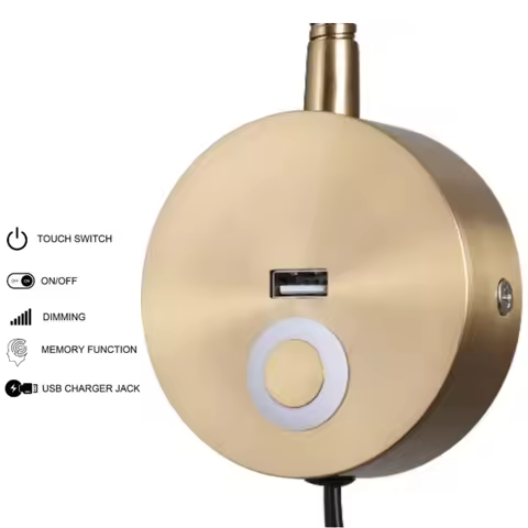 Tokili LED Golden Wall Lamp w/ USB Charger & Touch Dimmer - Bendable Gooseneck Bed Headboard Spotlig