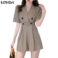 VONDA Women Korean Casual Short Sleeve V-Neck Puff Sleeve Solid Jumpsuit