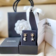 罕有不對稱款 Chanel Earrings 耳環 耳釘 full set 100% authentic 90% new  淺金色 cc logo 銀色星星月亮