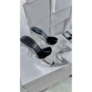 Pointed toe high heel Sandal with 2-LAYER JADE BOW, 9cm high heel on classy feet MS23 high heels
