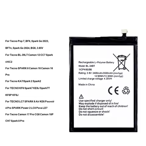 BL-58CT BL-49NT For Tecno BL-39LT KA7 LC7 Pop 2 6 7 12 Spark 7T GO Power 2 4 6 7 8 16 Camon 18P 12 1