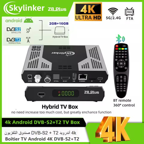Skylinker Z8 Plus 4K Android OTT+ DVB-S2+DVB-T2 Hybrid TV Box BT Remote 5G Wifi 2+16GB FTA Satellite
