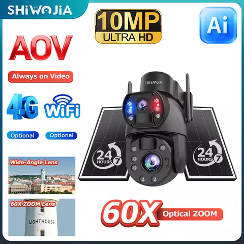 SHIWOJIA 4G Solar Security Camera Outdoor 60X Zoom Dual Screen 10MP WiFi PIR Detection AI Auto Track
