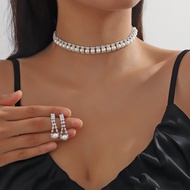 Pearl Rhinestone Flower Necklace Earring Set Fashion Dress Simple All-Match Necklace Clavicle Chain 