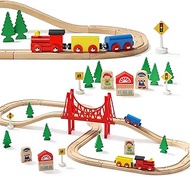 SainSmart Jr. Wooden Train Set for Toddler with Suspension Bridge- 37 Pcs Wooden Tracks fits Fits Br
