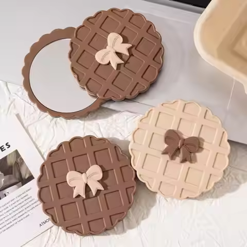 1PCS Waffle Shape Slide Double-Sided Makeup Mirror Portable Compact Pocket Hand Personalized Beauty 