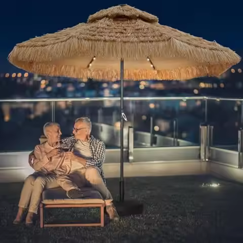 32 LED Hula Thatched Tiki Umbrella, Hawaiian Style Beach Umbrella, Patio Umbrella for Outdoor Tiki B