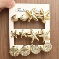 2-12pcs Vintage Gold-Tone Starfish, Shell, Seashell Cute Small Earring Set, Suitable For Beach Vacat