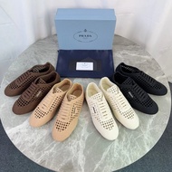 Prada Women's Breathable Embroidered Leather Round-Toe Casual Shoes - Woven Lace-Up Design, Perfect 