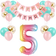 (SG SELLER) 5th Birthday Party Decoration, Pastel Pink Fifth Birthday Decor Set Happy Birthday Rainb