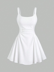 SHEIN EZwear 女性簡約白色細肩帶連身裙，腰部褶皺，夏季穿著