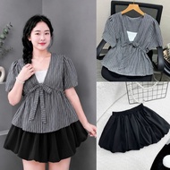 Set Women's Big Size Striped Shirt with Bow with Protective Skirt - SET(A360+CV413)