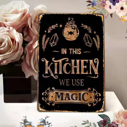 In This Kitchen We Use Magic Vintage Metal Tin Sign, Retro Witchy Cauldron Crystal Kitchen Wall Art 