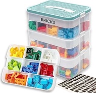 Storage Box for Lego Building Blocks and Duplo - with Building Plate Lid Adjustable Compartments and