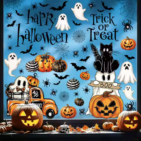 9PCS Halloween Static Stickers Ghost Pumpkin Bat Elements Holiday DIY Decorative Stickers Window Gla