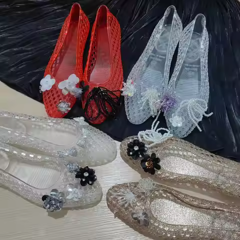 Summer Hot-Selling Jelly Shoes New Jelly Crystal Shoes Handmade Floral Mesh Flat Sandals Women's Sho