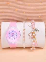 雙核LED兒童手錶卡通獨角獸女孩石英手錶彈性蝴蝶手鏈套裝3件