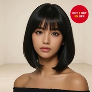 Euro-American Women's Wig: Straight Hair, Bangs, Short Bob Cut, Headband Included