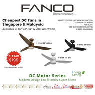 FANCO F-STAR 52/46/36 Inch DC Ceiling Fan with Remote Control and 3-Tone LED Lights | Singapore Warranty | FREE DELIVERY | FREE Midea Mop worth $29.00!!!