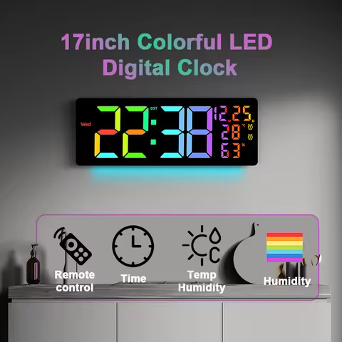 17" Large Digital Alarm Clock with 11Colors & Dynamic RGB Display RGB LED Wall Clock with Colour Cha