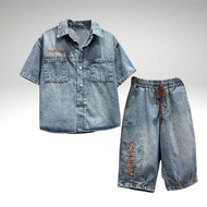 B25 Jeans Set German Collar Button Shirt, Letter Embroidered Bomber Pants, Soft Jane Fabric for Wome