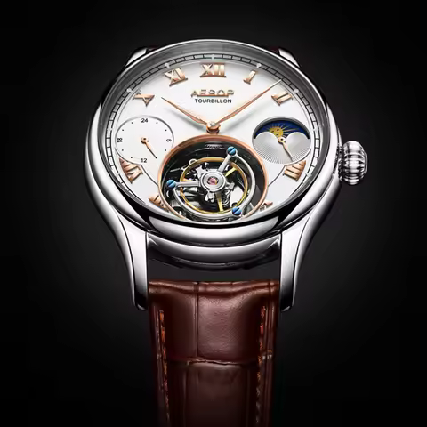 Aesop Real Tourbillon Skeleton Mechanical Watch For Men Luxury Brand AutomaticClock Moonphase Multi 