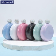 [ISHOWMAL] 5 Oz Hip Flask Stainless Steel Round Rhinestone Cap Whiskey Flask Wine Bottle