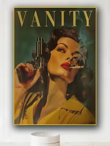 Vintage Woman With a Gun Poster Print Badass Bestie Eclectic Wall Art Funny Retro Woman Smoking a Ci