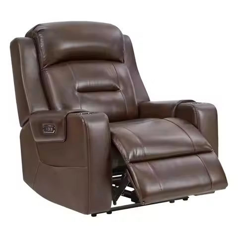 Genuine Leather Power Recliner Chair Lay Flat Power Headrest USB Cup Holders Living Room Bedroom Dar