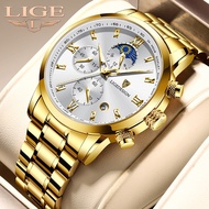 LIGE Watch Men Quartz Gold Steel Waterproof Sport Watches Wristwatch Chronograph Date Watches