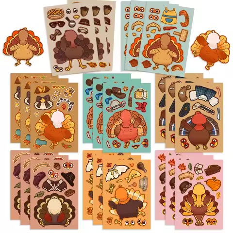 8/16/32pcs Cartoon Thanksgiving Day Sticker Funny Turkey Cute Children DIY Puzzle Make A Face Sticke
