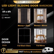 [FREE INSTALL] Almari Baju Full Glass Cermin with LED Light /Mirror Wardrobe Sliding Door Anti Jump 